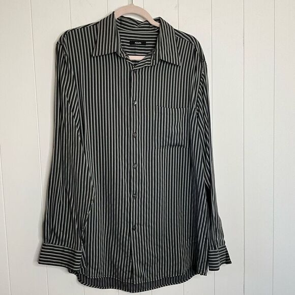 Alfani Mens Size Large Button Front Modal Shirt Black White Stripe Long Sleeves - Picture 1 of 12